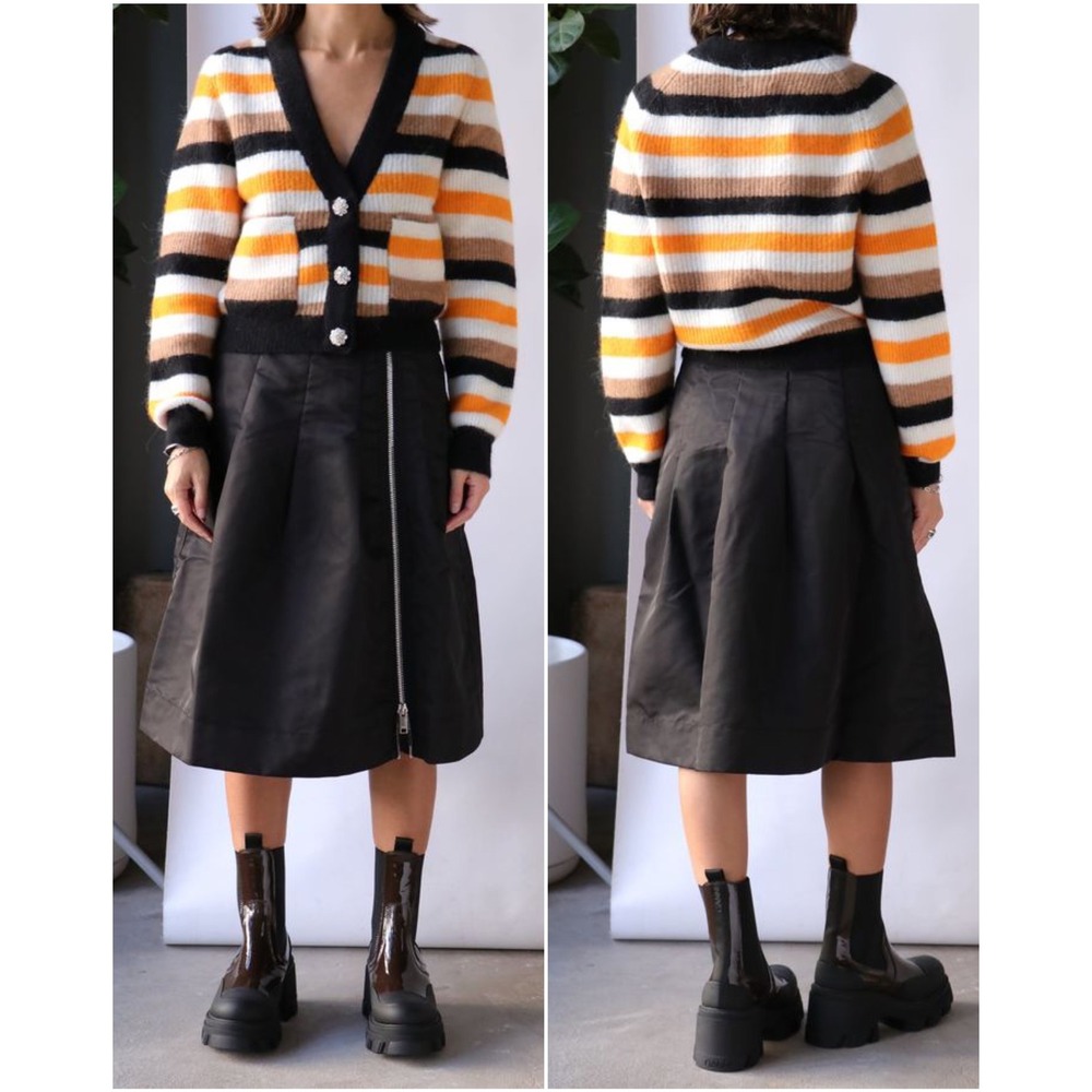 Ganni Soft Wool Striped Cardigan Women Medium Tiger's Eye Orange Black Crystal